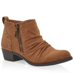 Chesnut Studded Ruched Side Zip Low Heels Booties